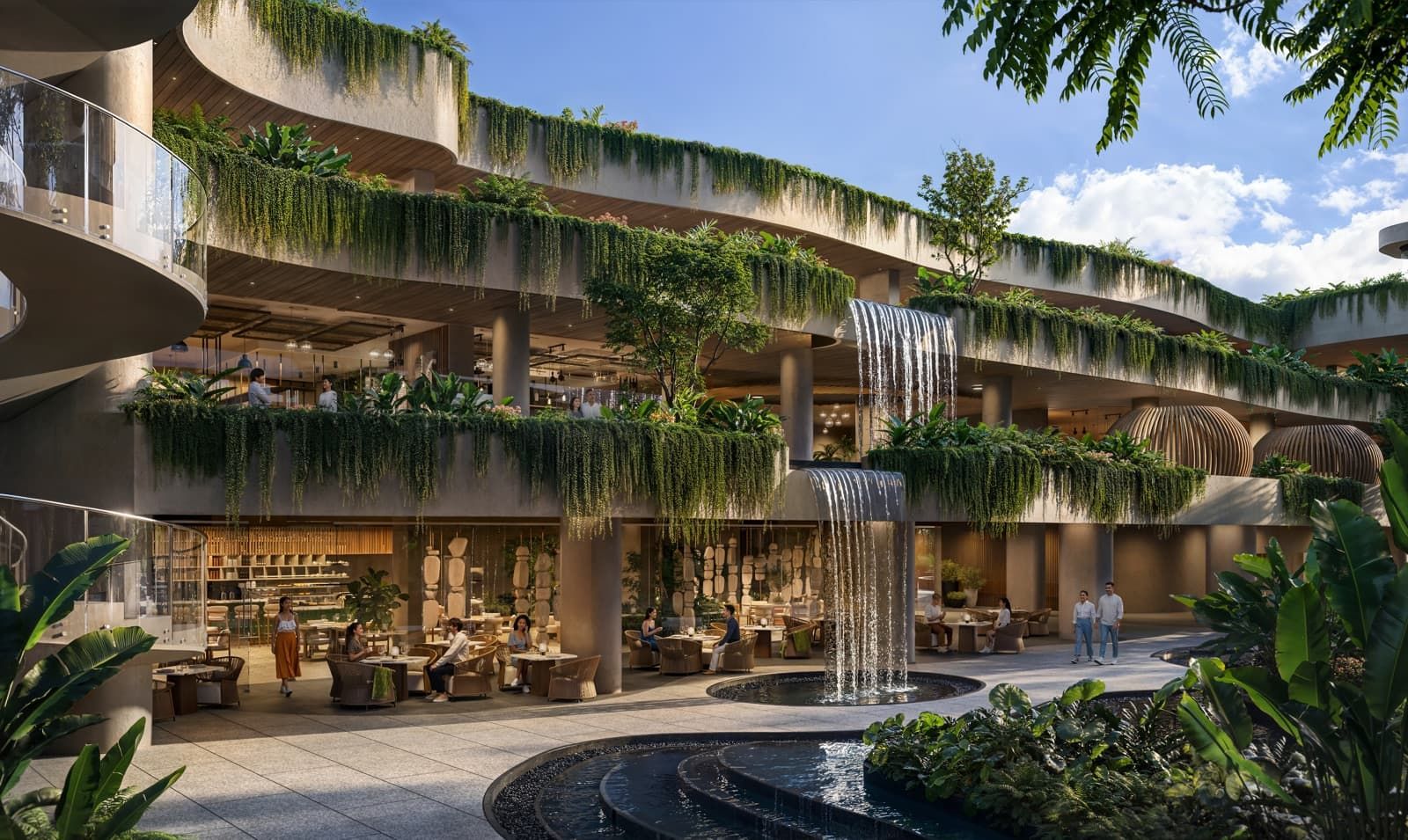 Layan Verde — Community mall with waterfall