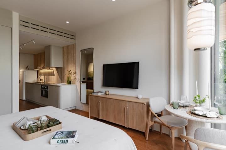 Furnished studio interior at Layan Verde